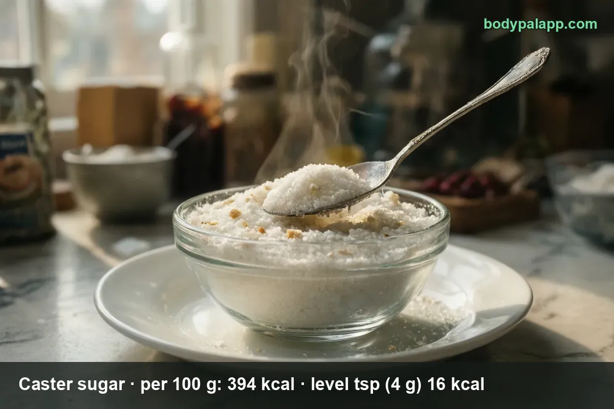 Caster sugar - 16 kcal per level teaspoon