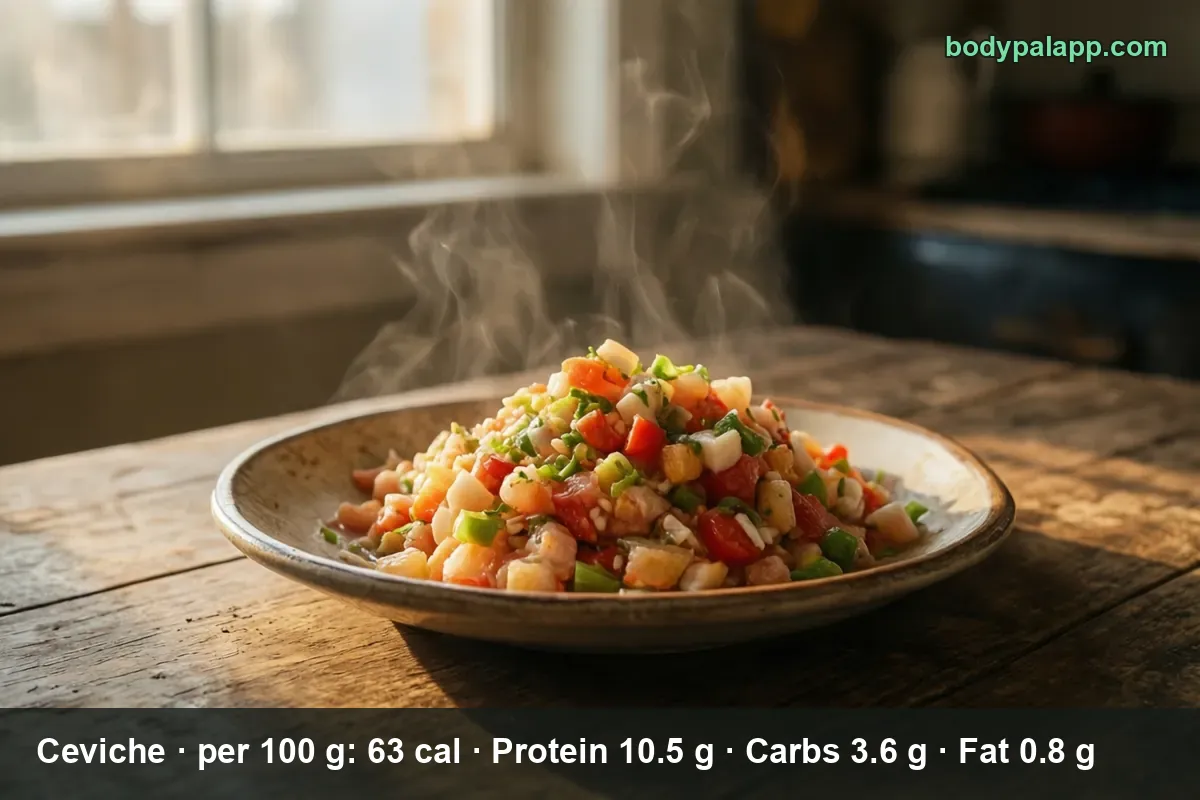 Bowl of ceviche with steam rising, one serving of finely diced white fish with tomato, green pepper, onion and herbs