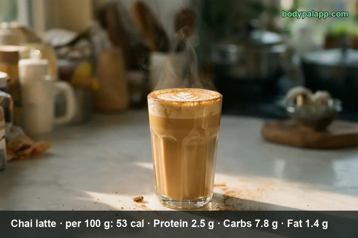 Tall glass of chai latte with latte art, steam rising, cinnamon dusted on a marble counter