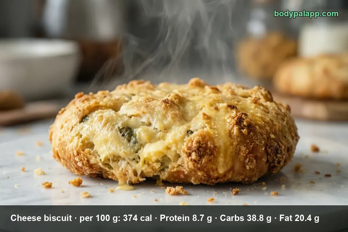 Single round cheddar cheese biscuit with melted cheese on top and steam rising