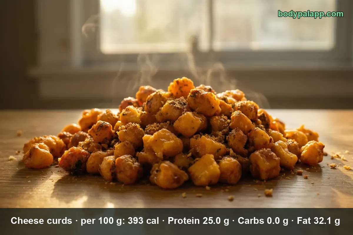 Pile of golden cheese curds sprinkled with seasoning on a wooden table