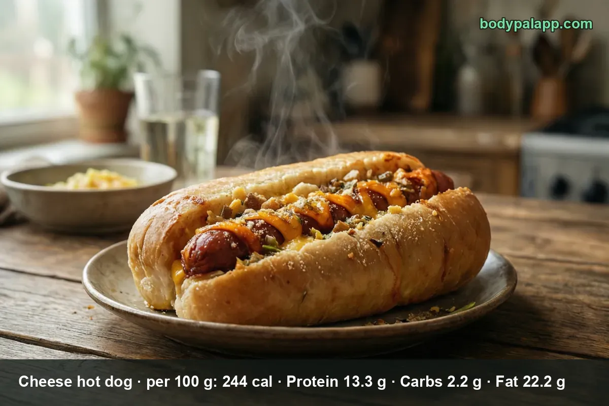 Cheese hot dog in a bun topped with melted cheddar, steam rising from the link.