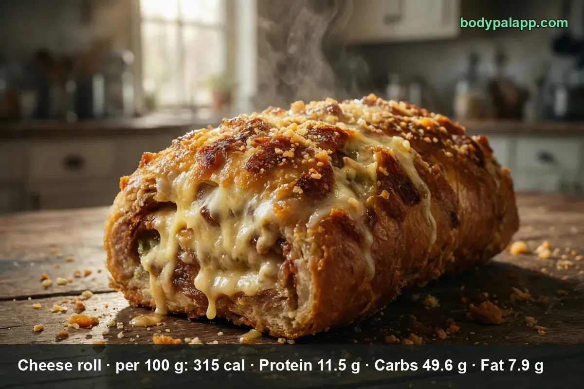 Close-up of a whole baked cheese roll with a crisp crust, crumbs and melted cheese running from the cut, steam rising.