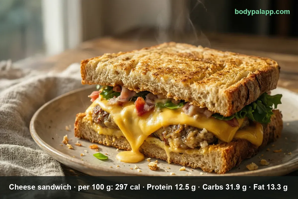 Toasted cheese sandwich on a plate with melted cheddar, lettuce, tomato and a beef patty inside, patty-melt style