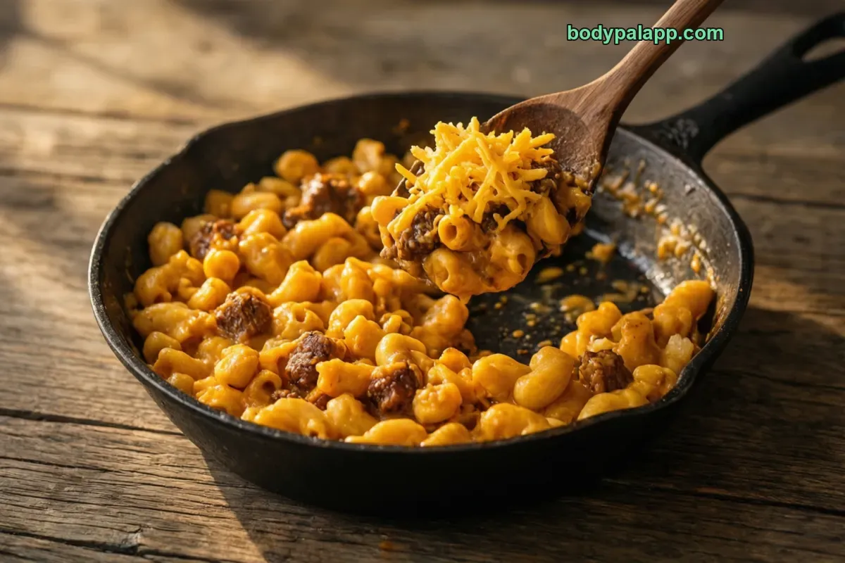 Cheeseburger hamburger helper, prepared with ground beef
