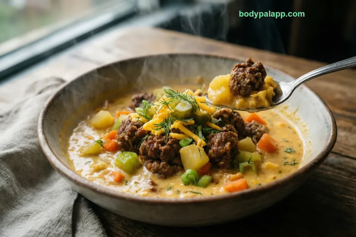 Cheeseburger soup, packaged, per label