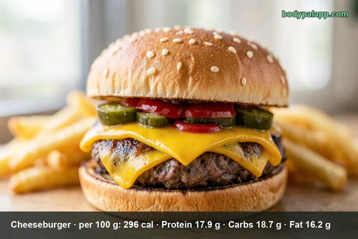 Close-up cheeseburger with melted cheddar, ketchup and pickles