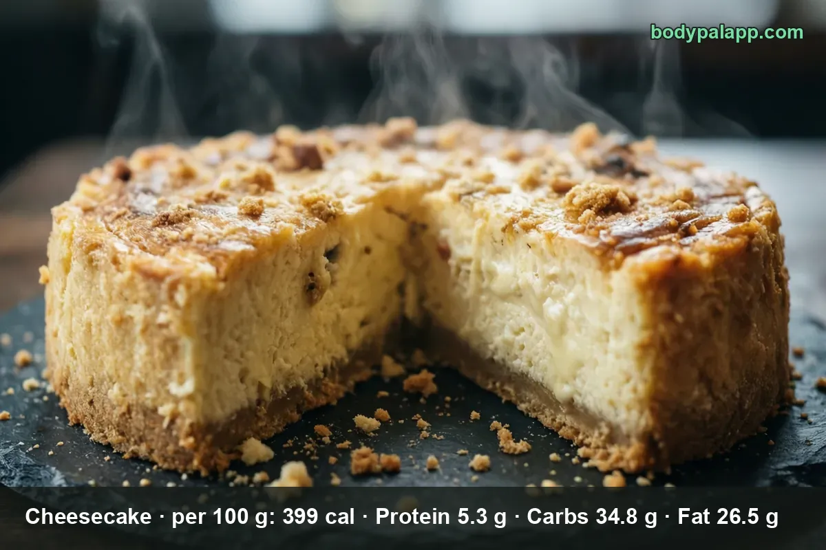 Whole baked cheesecake with one slice cut out, showing the creamy filling and biscuit crust, no topping or sauce