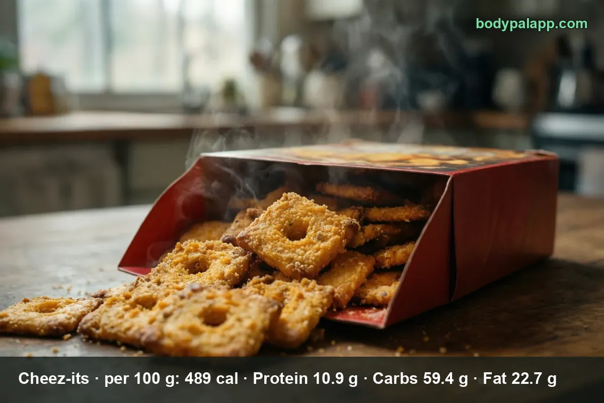 Open red box tipped on a wooden table with square cheese crackers spilling out