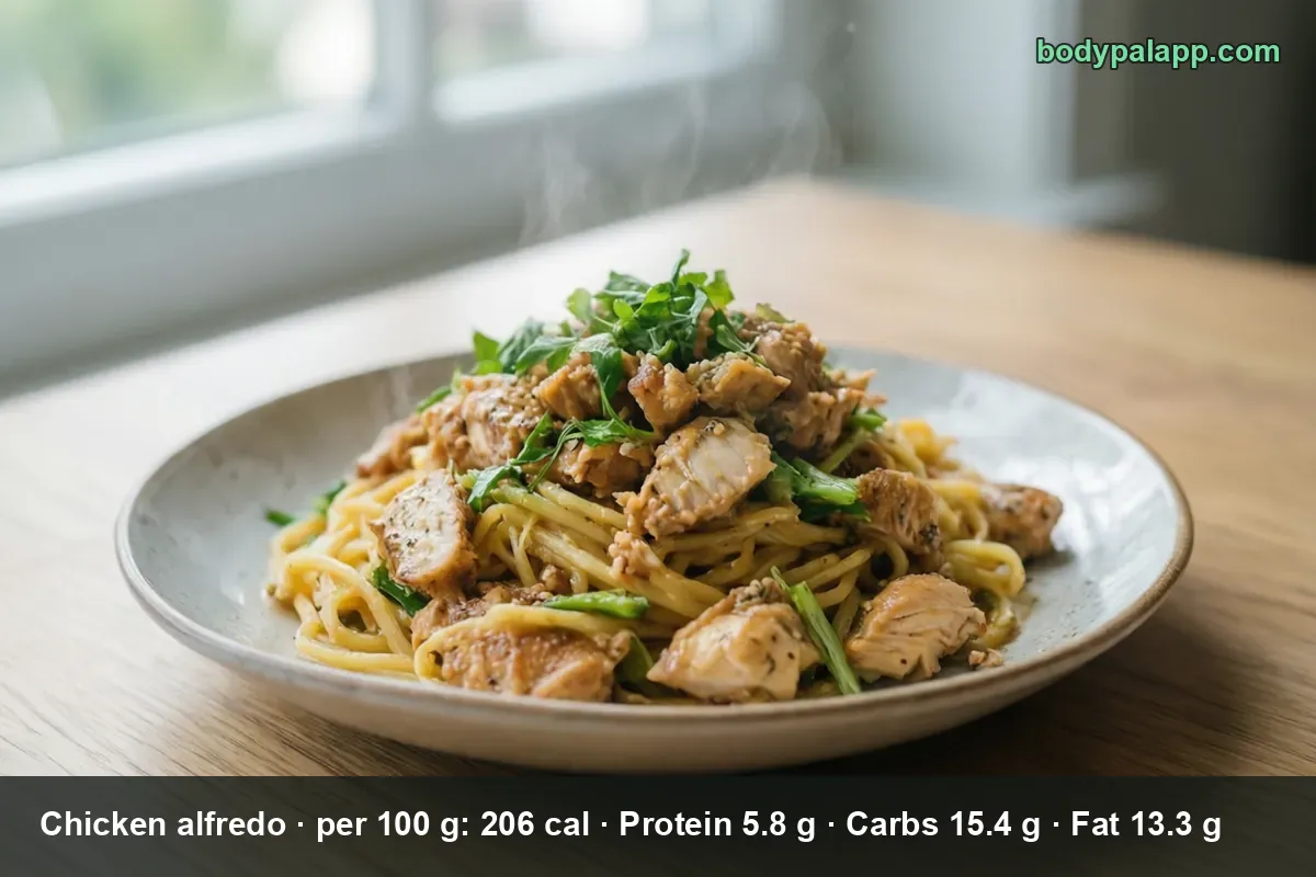 Plate of spaghetti with chicken pieces and green leaves in a light sauce