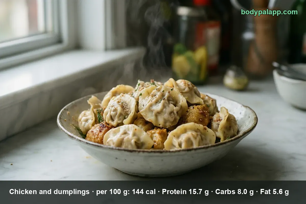 Bowl of chicken and dumplings with about ten wrapped dumplings and steaming chicken pieces in brown sauce