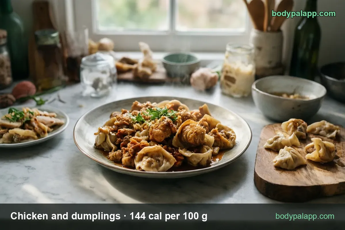 Plate of chicken and dumplings, ten wrapped dumplings in brown sauce, chips 1 cup (244 g) 351 cal and 1/2 cup (122 g) 176 cal