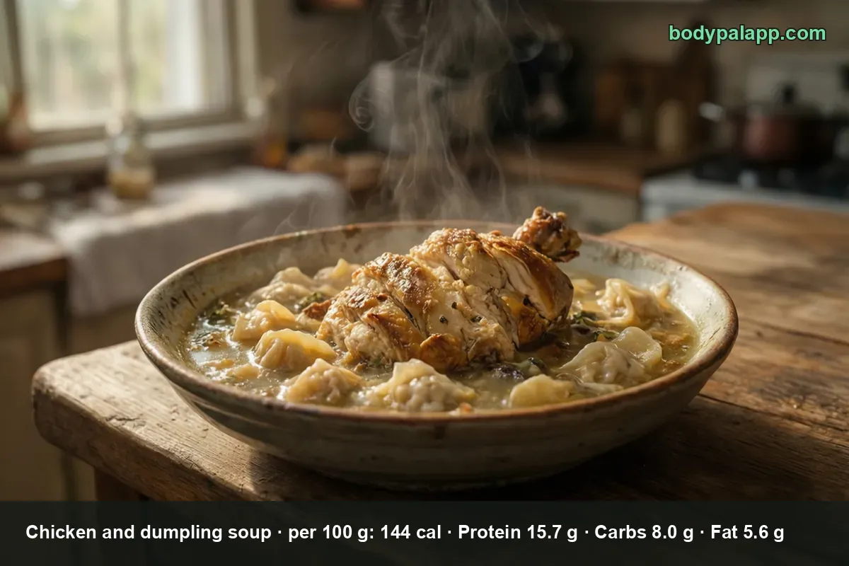 Deep plate of chicken and dumpling soup with dumplings and a bone-in roasted chicken piece on top, steam rising.