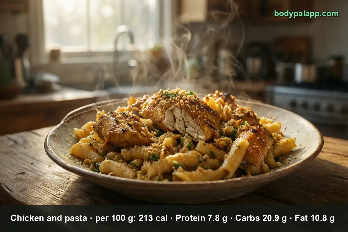 Plate of penne pasta with three roasted chicken breast pieces, one sliced to show white meat, crumbs and steam.