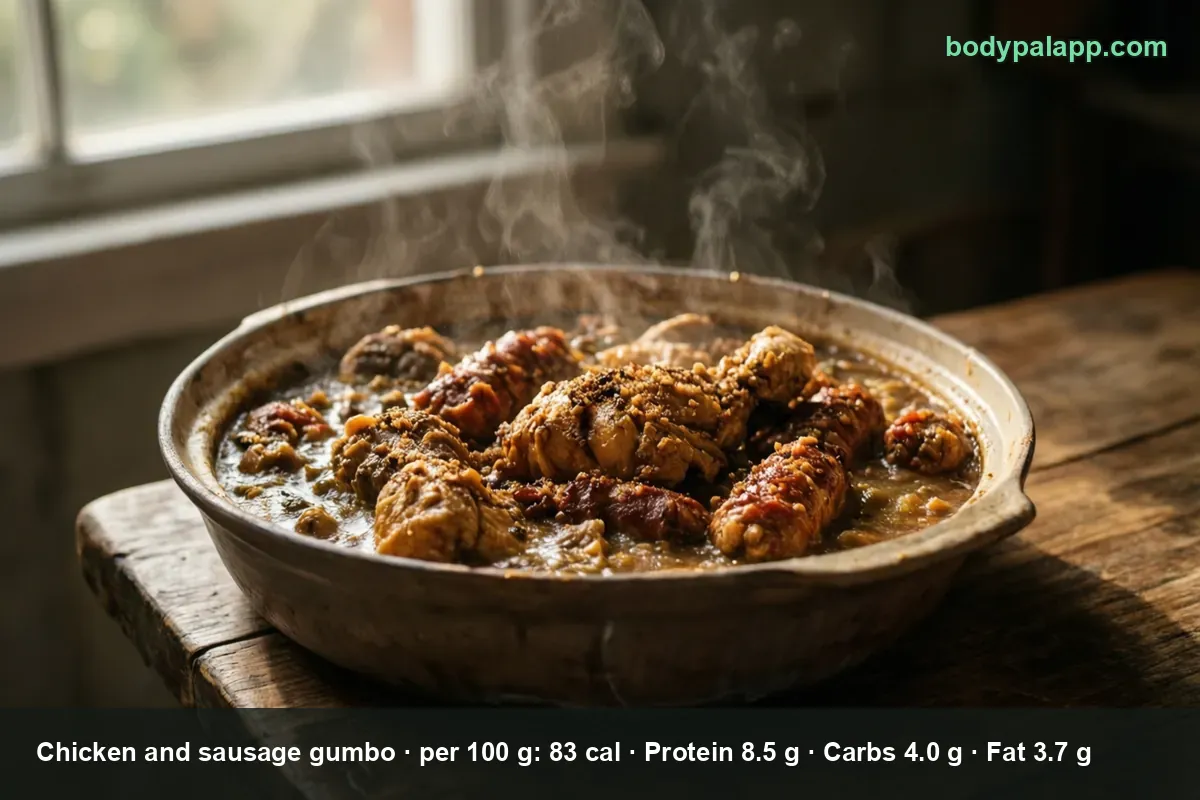 Shallow bowl of chicken and sausage gumbo with four pieces of chicken and three whole sausages in green-brown sauce, steaming