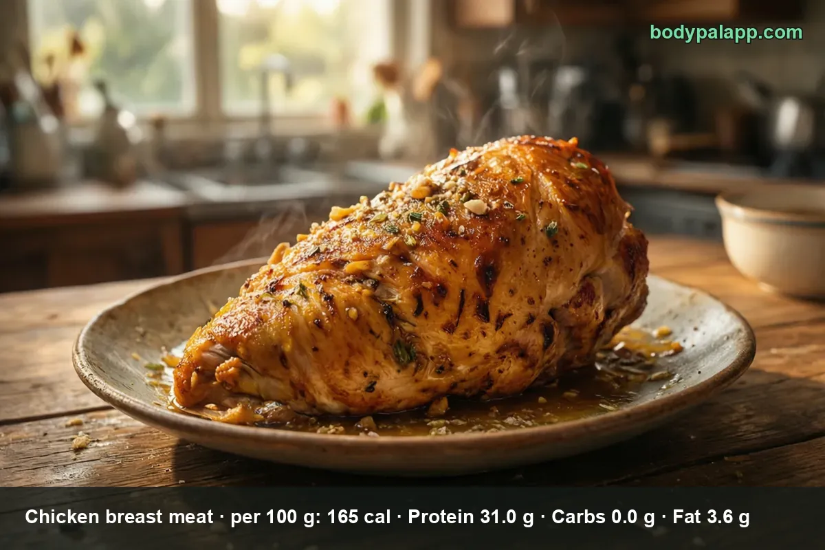 Whole roasted chicken breast on a plate, steam rising.