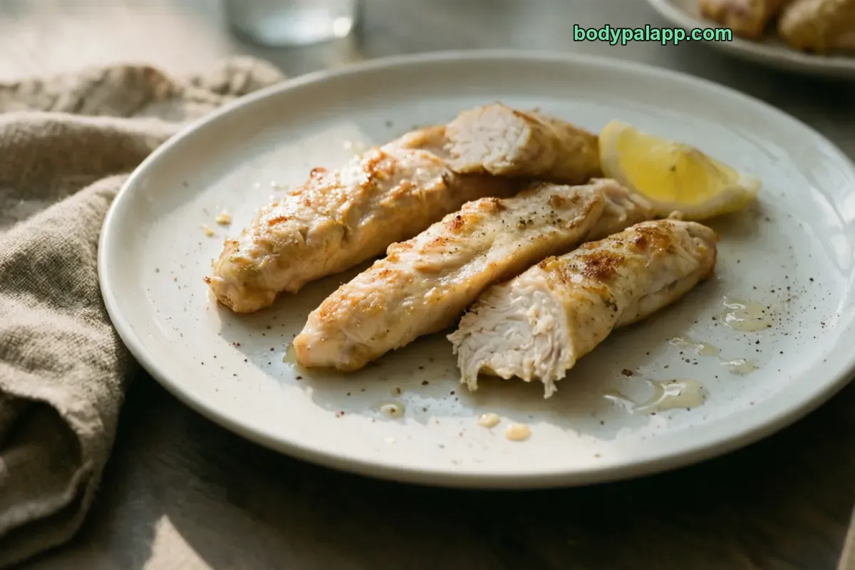 Chicken breast tender, breaded, cooked