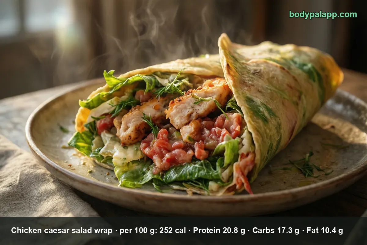 One halved chicken caesar salad wrap on a plate, showing chicken pieces, green lettuce, tomato and dressing in the filling