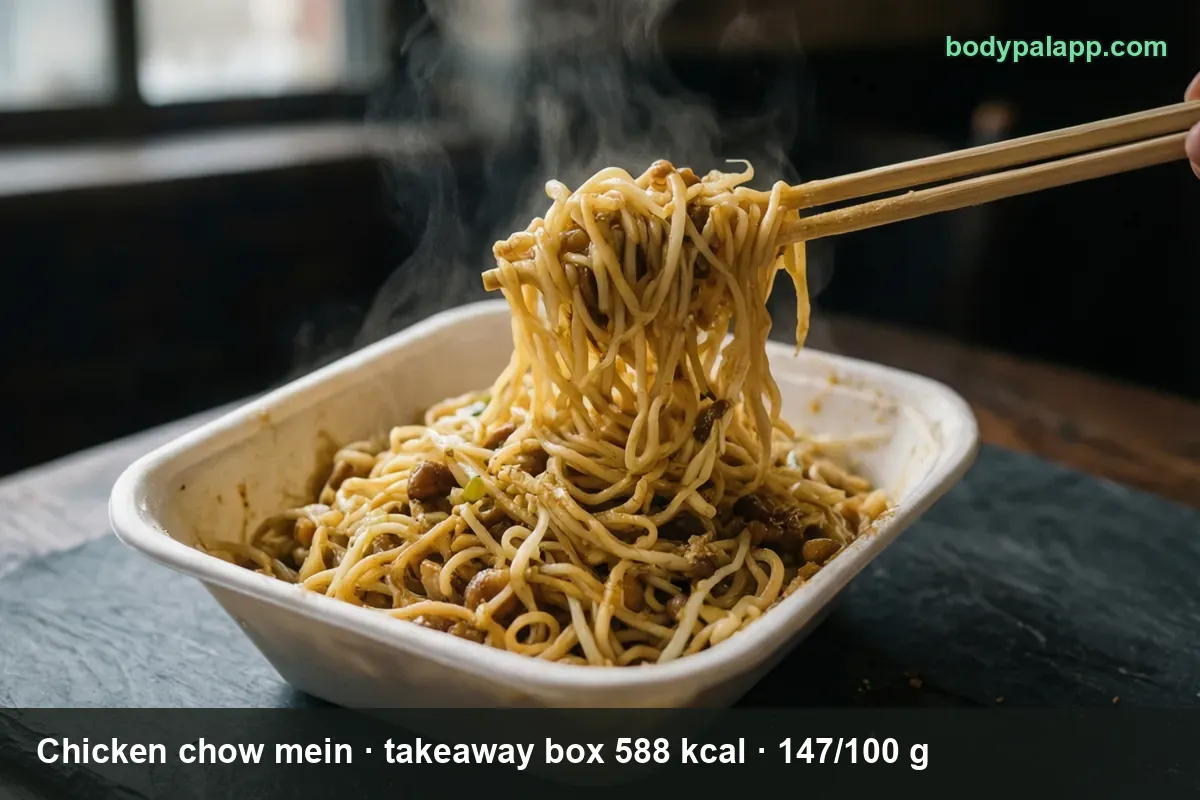 Chicken chow mein in a takeaway box – 588 calories per 400 g portion
