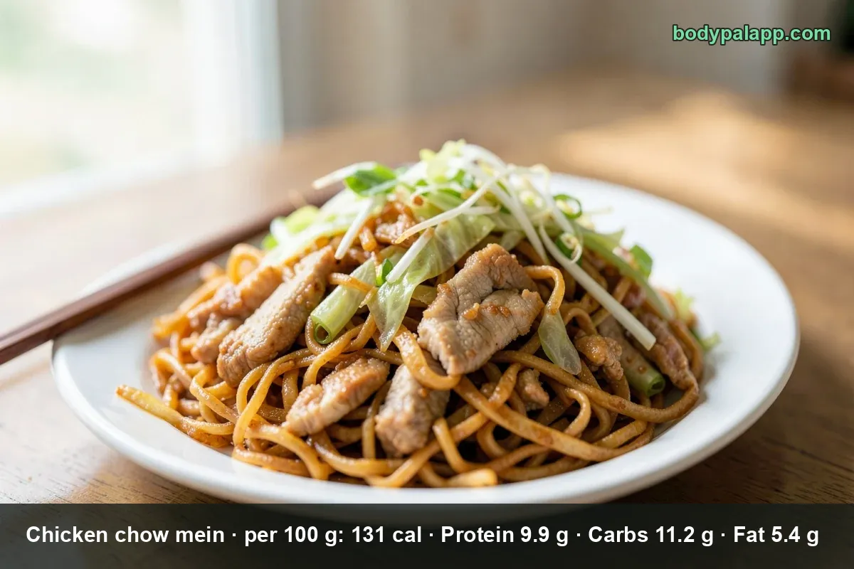 Chicken chow mein - stir-fried noodles with chicken and vegetables, US serving