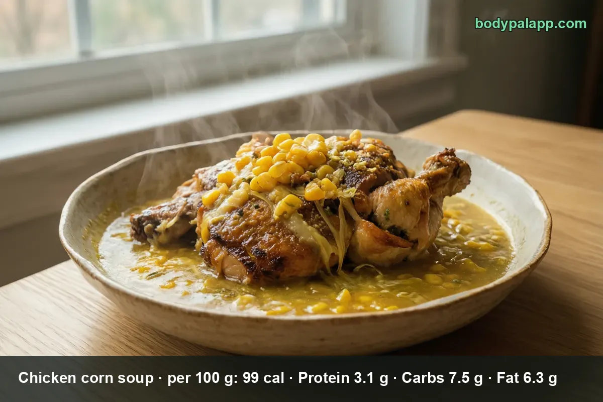 Whole roast chicken leg with skin in a shallow bowl of thin yellow broth with corn kernels