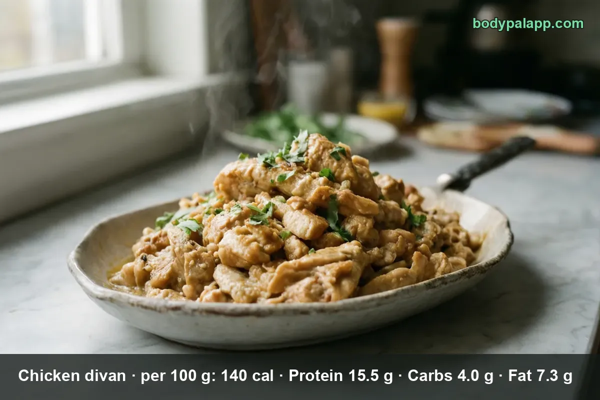 Bowl of creamy chopped chicken divan sprinkled with parsley, steam rising, no visible broccoli or cheese topping