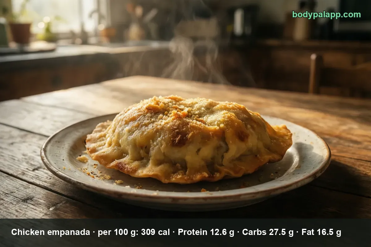 Large golden chicken empanada with a crimped edge and grated cheese on top, steaming on a plate
