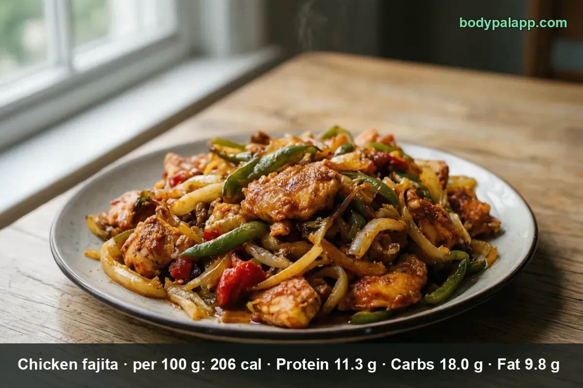Plate of chicken fajita pieces with green and red bell pepper strips and onion