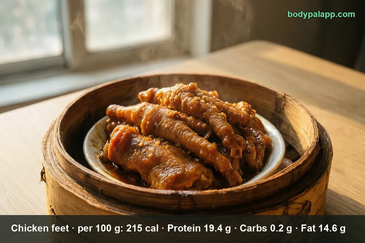 Braised chicken feet in red-brown sauce steaming in a bamboo steamer basket
