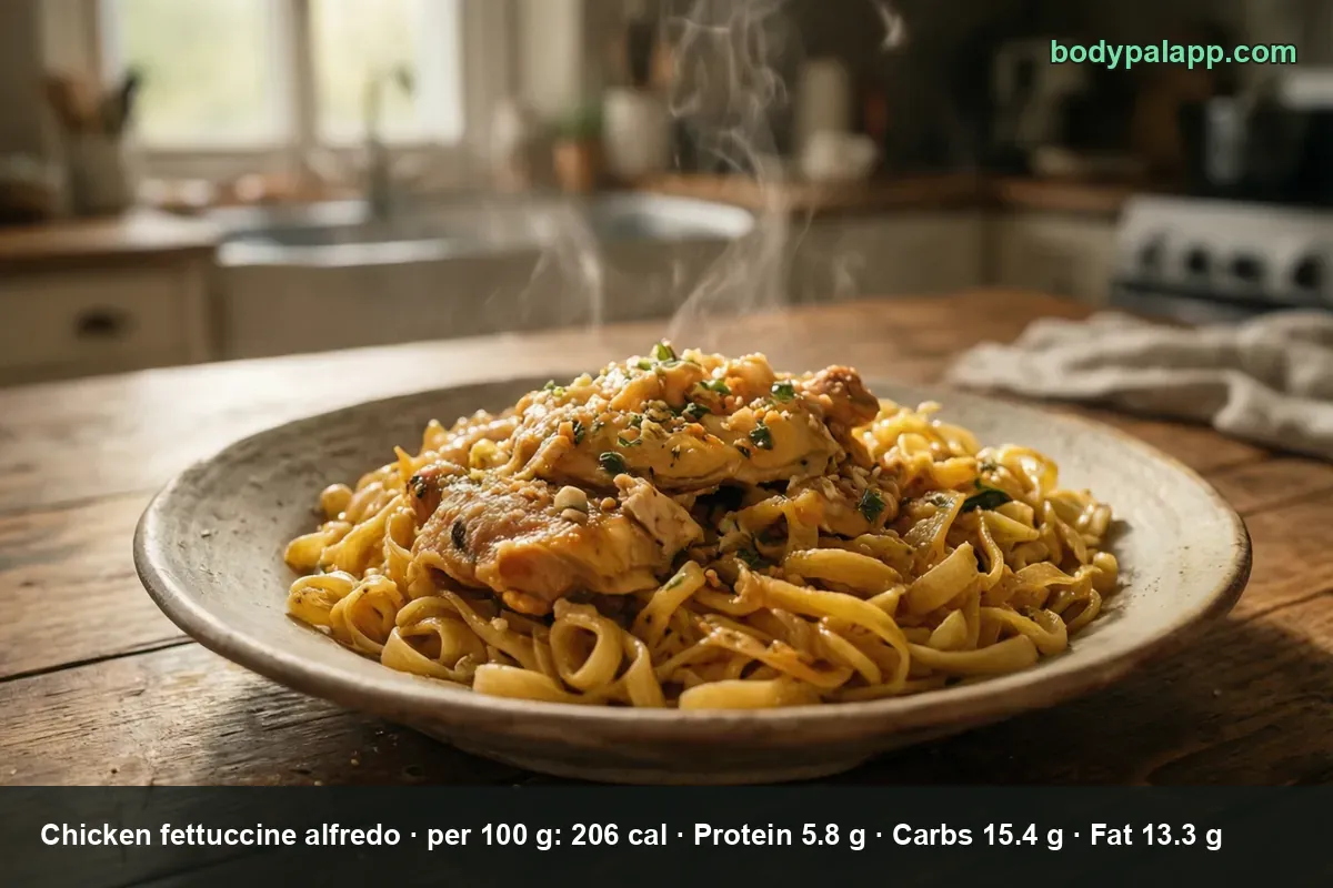 A plate of fettuccine with chicken pieces on top, steam rising