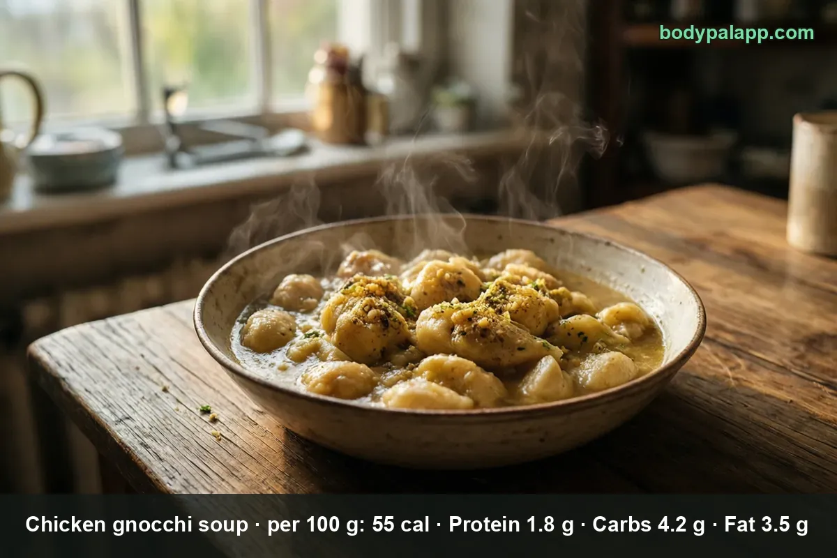 Bowl of chicken gnocchi soup with potato gnocchi in a thin pale yellow broth, no visible chicken pieces.