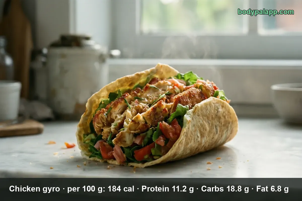 Whole chicken gyro in pita with sliced chicken, lettuce, tomato and onion, steaming
