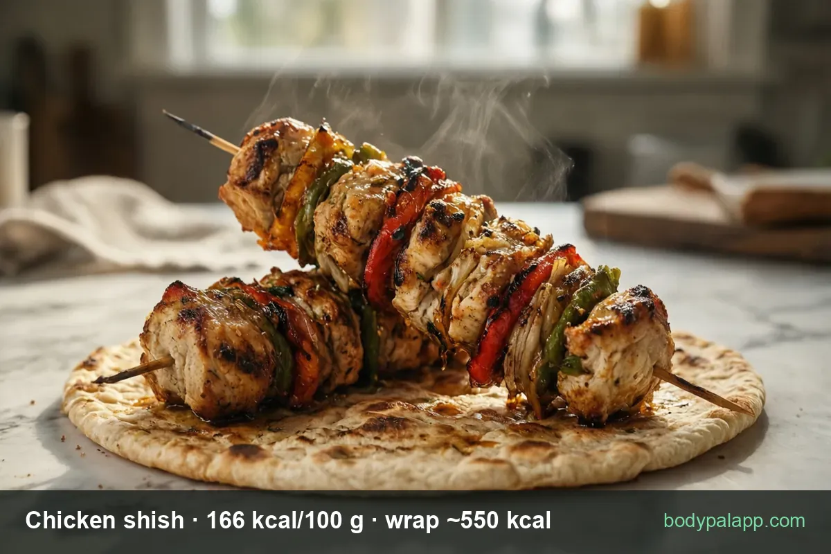 Grilled chicken shish kebab wrap with pitta and salad – about 550 calories