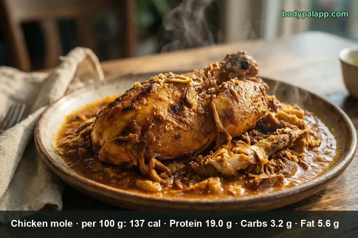 Bone-in chicken in orange-brown mole sauce with shredded meat, lighter than typical dark mole, no sesame.