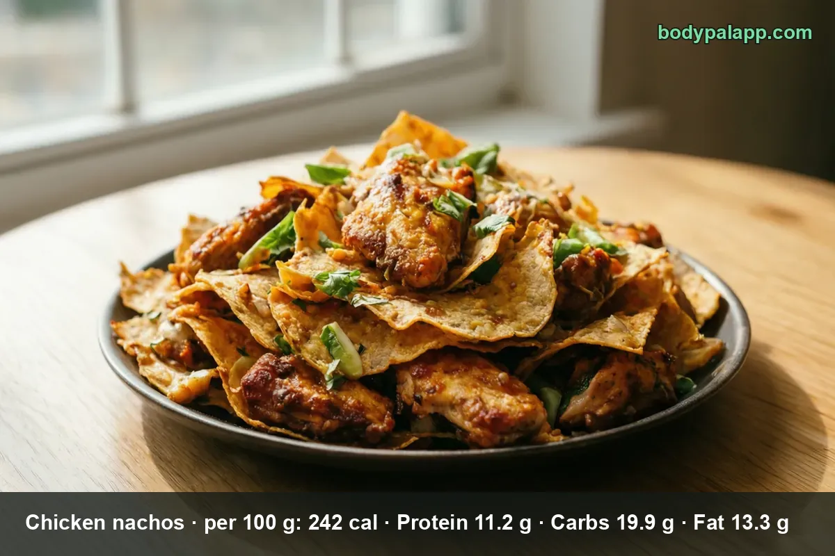 Pile of tortilla chips topped with roasted chicken pieces and green onion in a dark bowl, with almost no melted cheese