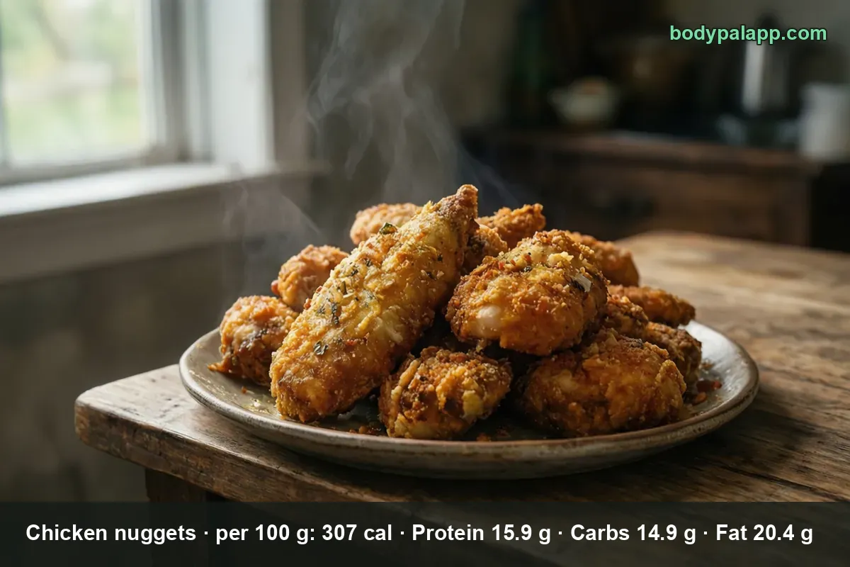 Plate of breaded chicken nuggets, one cut open showing white meat, parsley on top, a bowl of more nuggets behind.