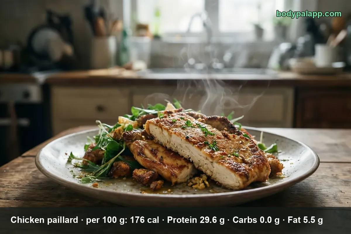 Two thin pan-seared chicken paillard cutlets stacked, the top one sliced to show white meat, next to a pile of arugula salad.
