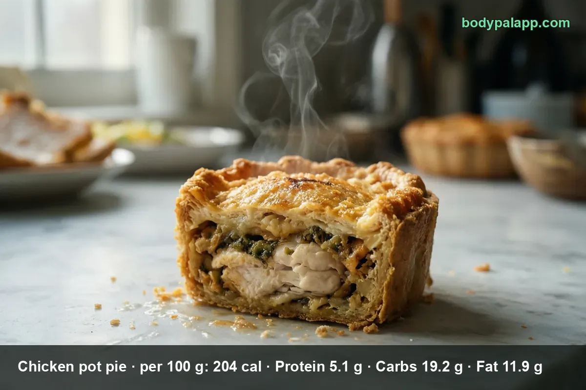 Rectangular chicken pot pie cut across, showing flaky pastry crust and a filling of chicken pieces and greens.