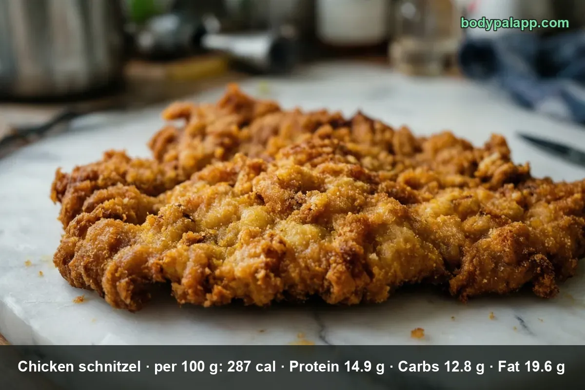 Whole golden breaded chicken schnitzel on a marble board, close up on the crisp crumb coating