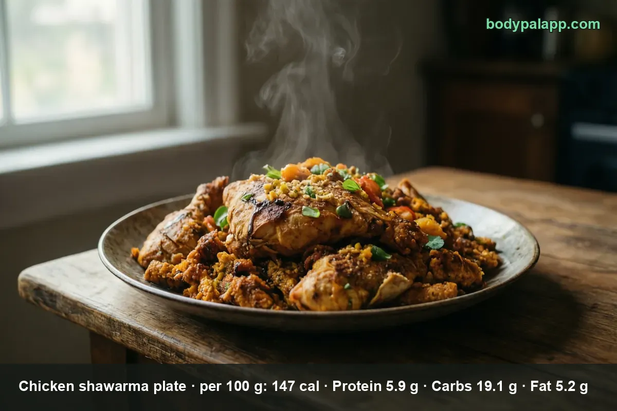 Chicken shawarma plate: seasoned chicken pieces over a grain base with tomatoes and herbs, steaming.