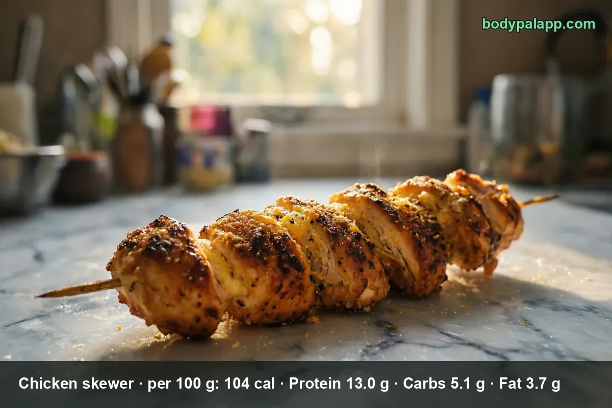 One wooden skewer with five grilled chicken pieces on a marble surface