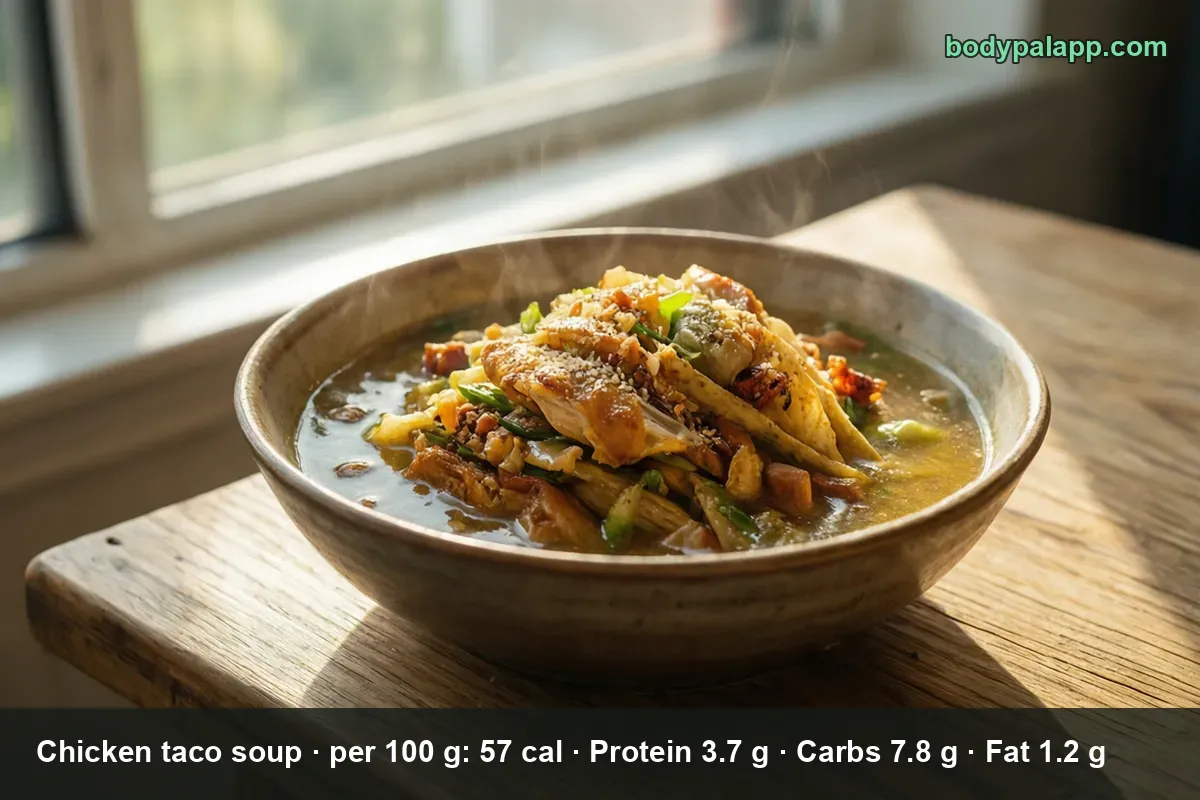 Steaming bowl of chicken taco soup with chicken pieces, vegetables and triangular tortilla chips on top