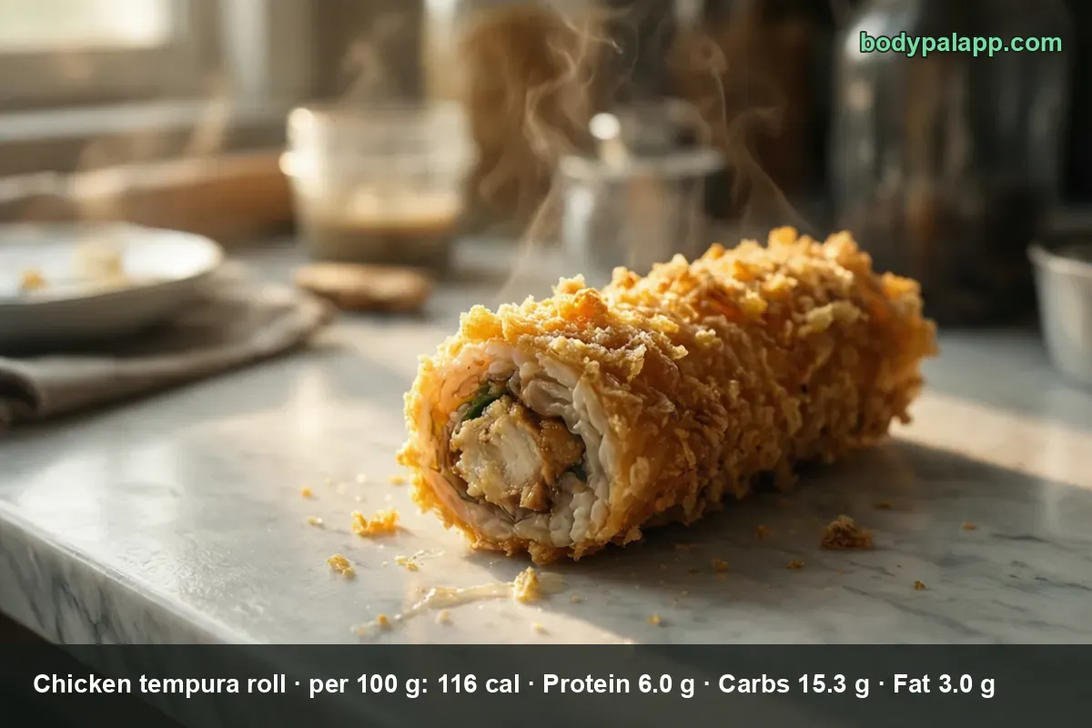 Whole uncut chicken tempura roll in crisp batter, cut end showing rice, chicken and greens, steam rising