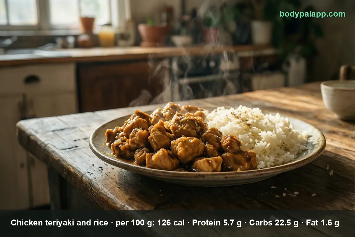 Shallow plate of glazed teriyaki chicken pieces with white rice on the side, steam rising, on a wooden table.
