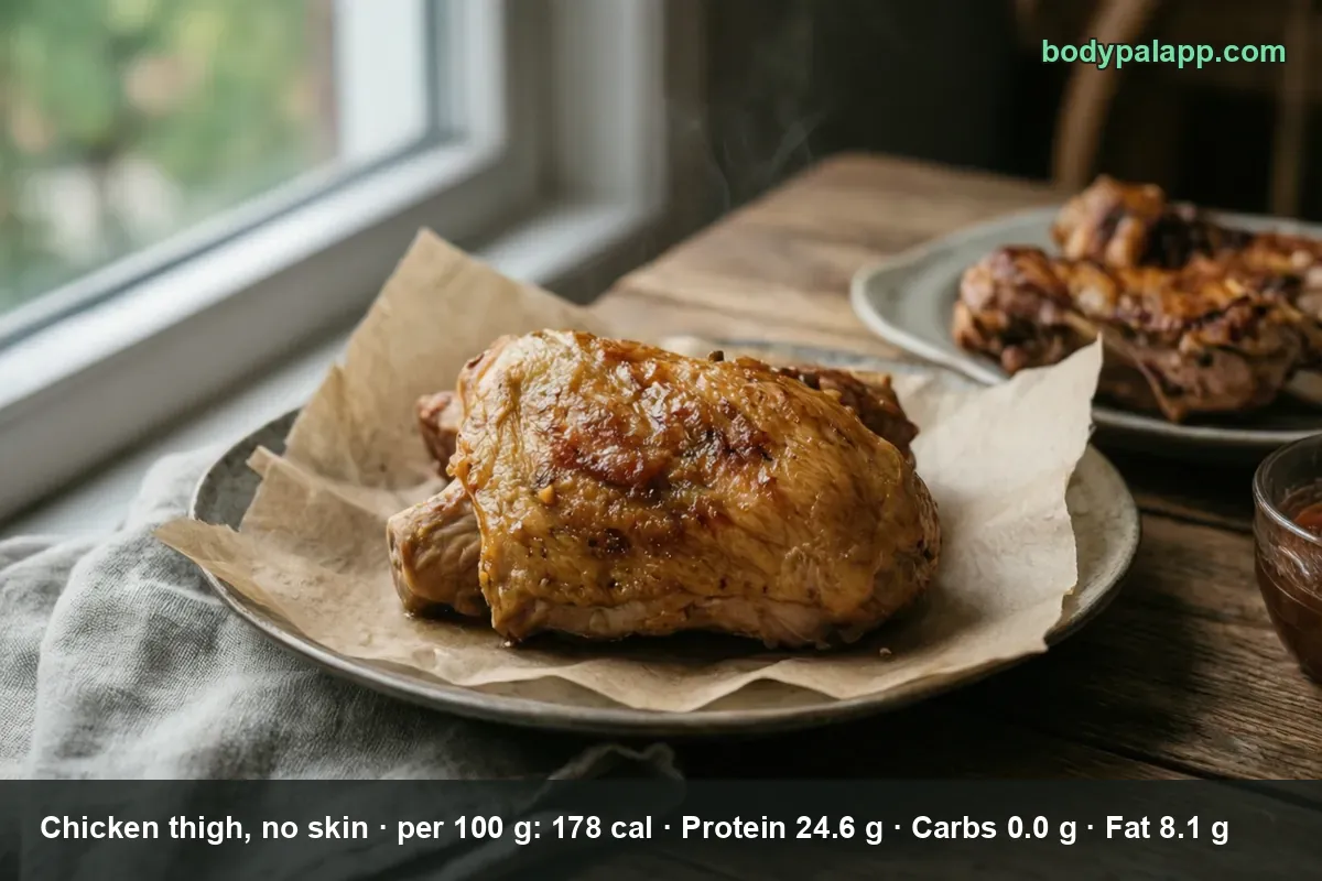 One roasted chicken thigh on parchment paper in a shallow dish, golden browned surface