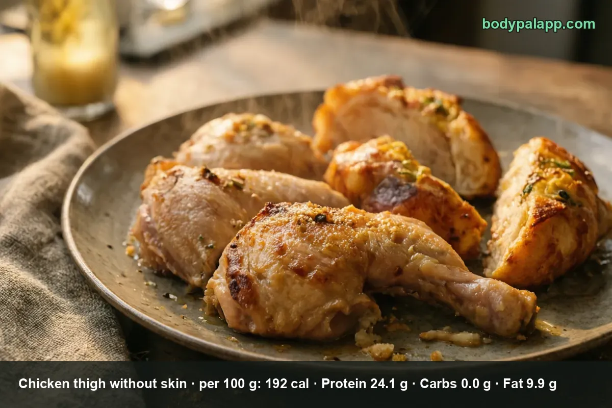 Six skinless roasted chicken thighs with golden-brown crust and rising steam on a ceramic plate.