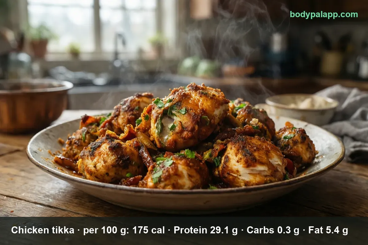 Plate of about eight golden-red boneless chicken tikka pieces topped with fresh coriander, still steaming