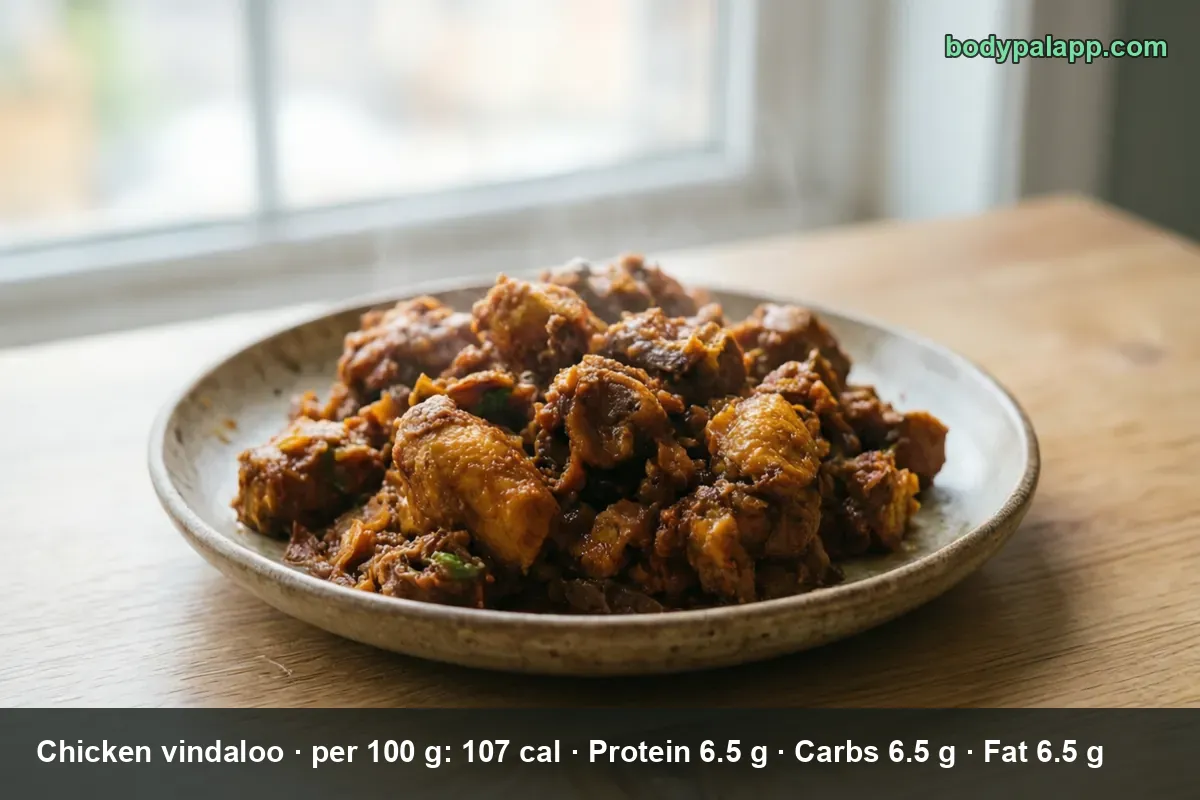 Plate of chicken vindaloo, dark chicken chunks in thick red-brown sauce with no side, on a wooden table by a window