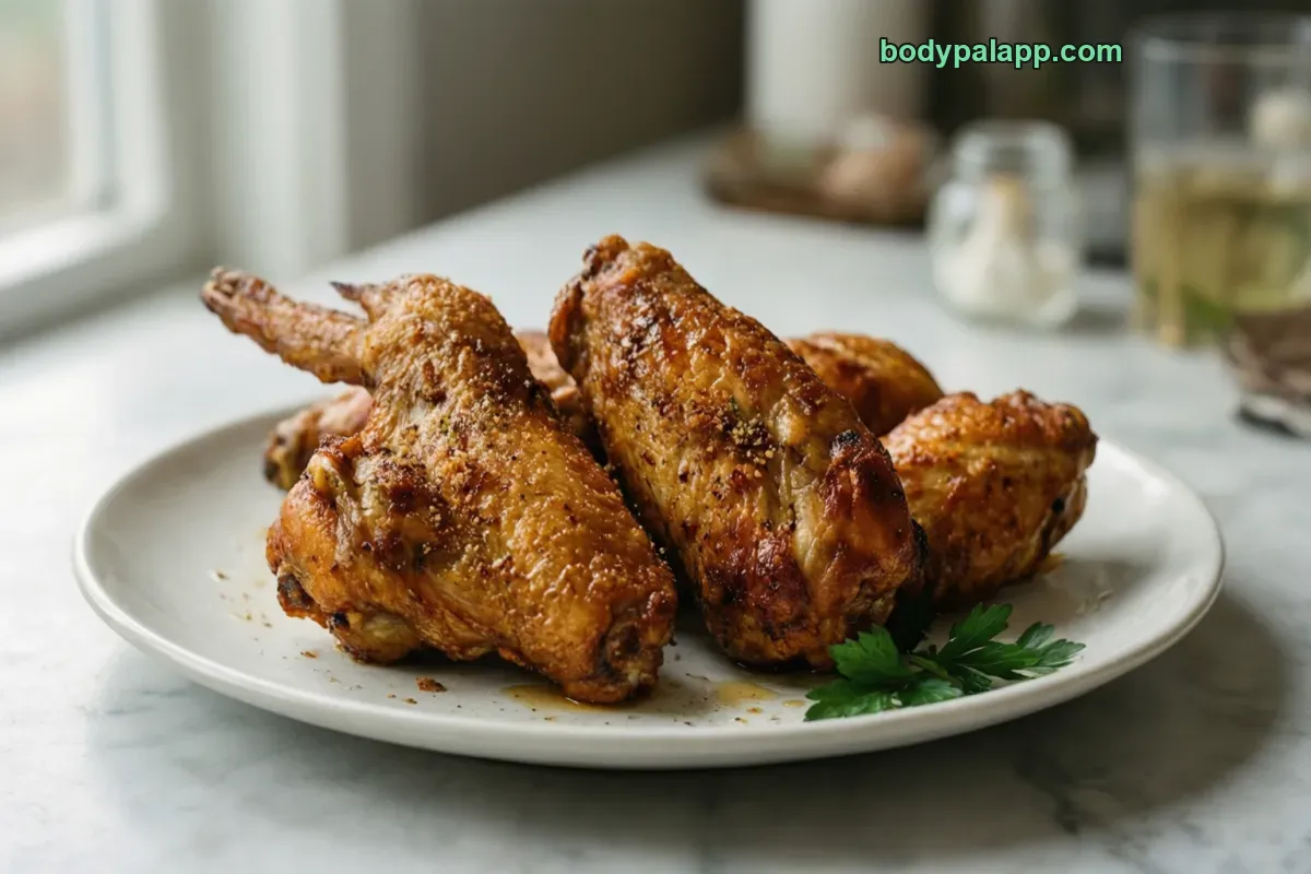 Chicken wing with skin, cooked, meat and skin