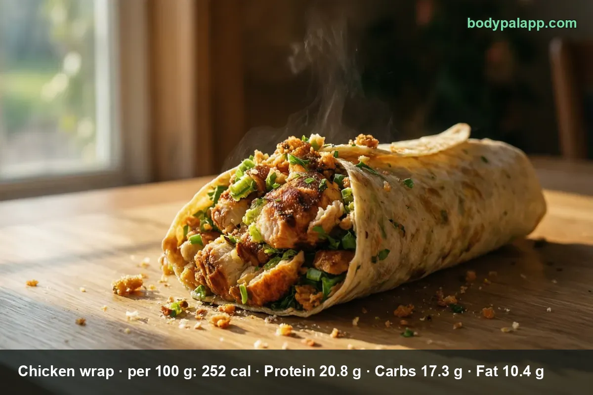 Chicken wrap on a wooden board, open end showing grilled chicken pieces and greens, with steam rising.